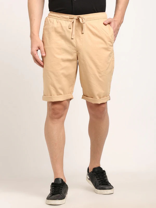Indian Terrain Men's Regular Fit Solid Beige Shorts